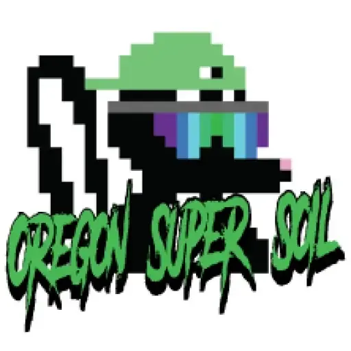 The image features a pixelated logo of a green creature wearing sunglasses with the text 'OREGON SUPER SOIL' written below it in a stylized, green font. The design is playful and vibrant, suggesting a brand related to soil products.