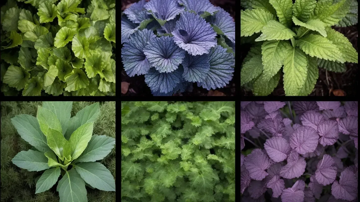 The image shows six different types of plant leaves arranged in a grid. Each section features a unique plant with varying colors and textures, ranging from green to purple.