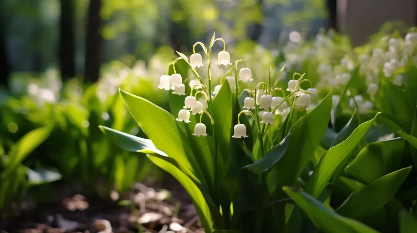 The image features white lily of the valley flowers with green leaves in a natural forest setting. The background is filled with more of these flowers, creating a serene and lush environment.