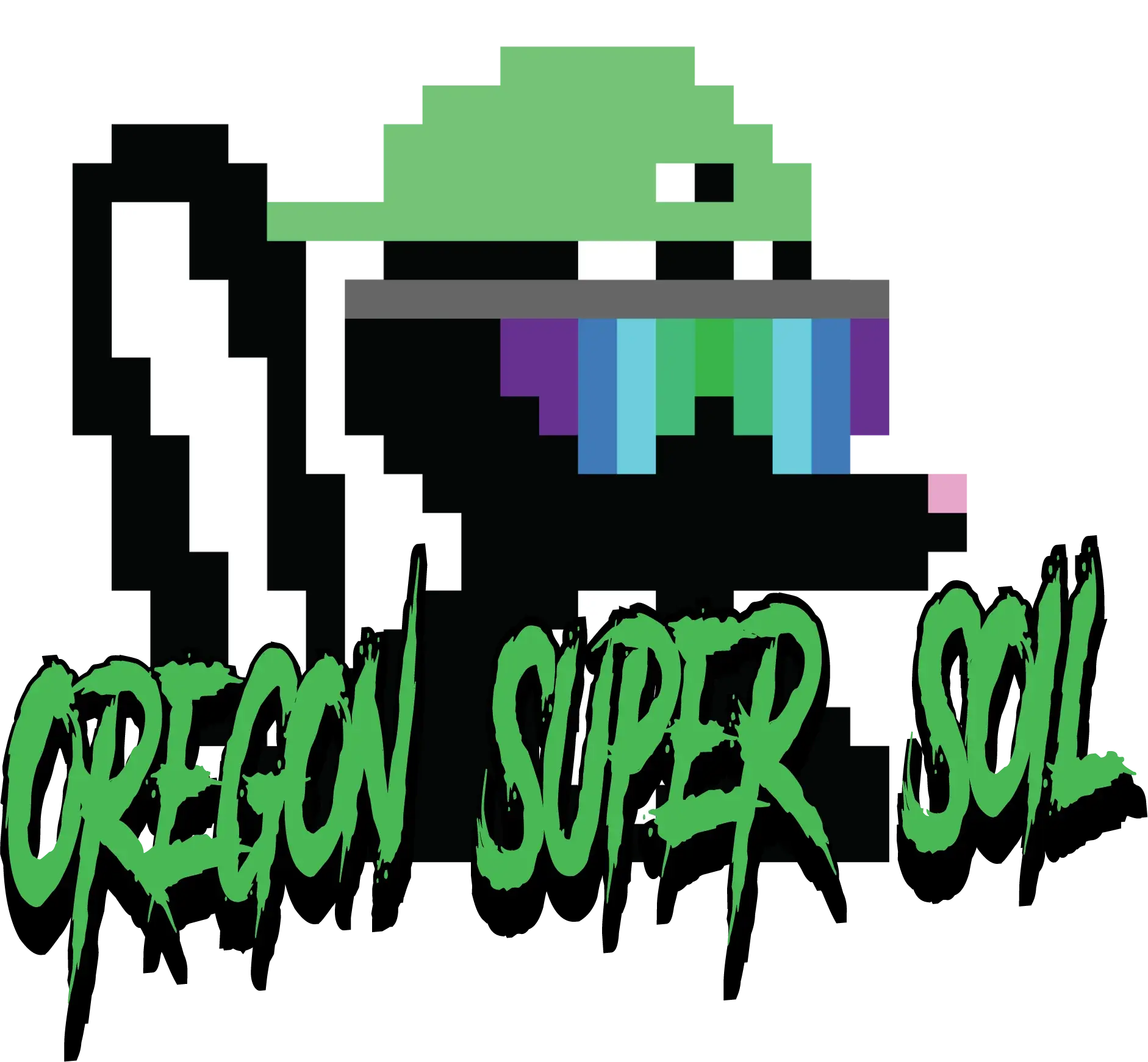 The image features a pixelated green dinosaur with a black background, holding a colorful bar. Below the dinosaur, the text 'OREGON SUPER SOIL' is written in a green, jagged font.