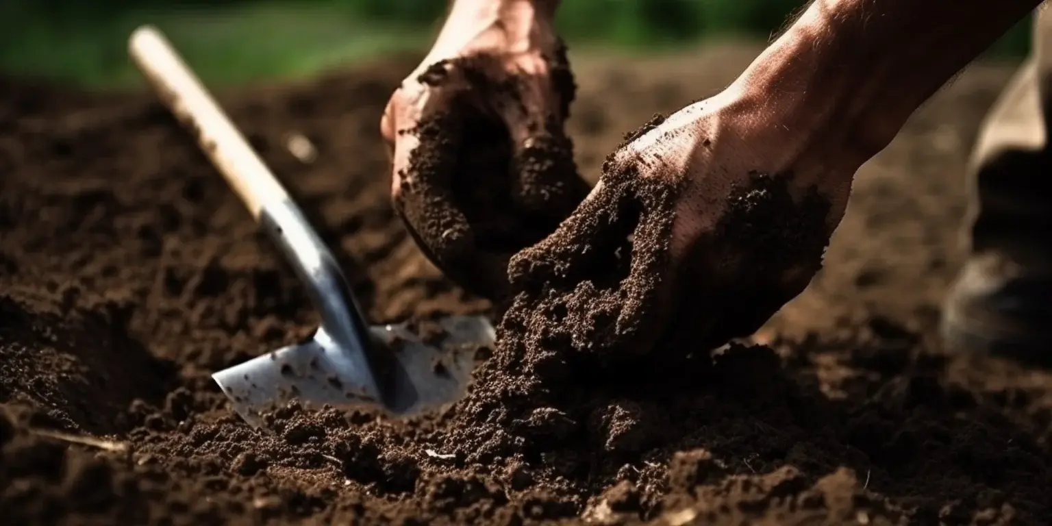 A person is using their hands to scoop soil while holding a shovel. The focus is on the hands and the shovel, with the background slightly blurred.