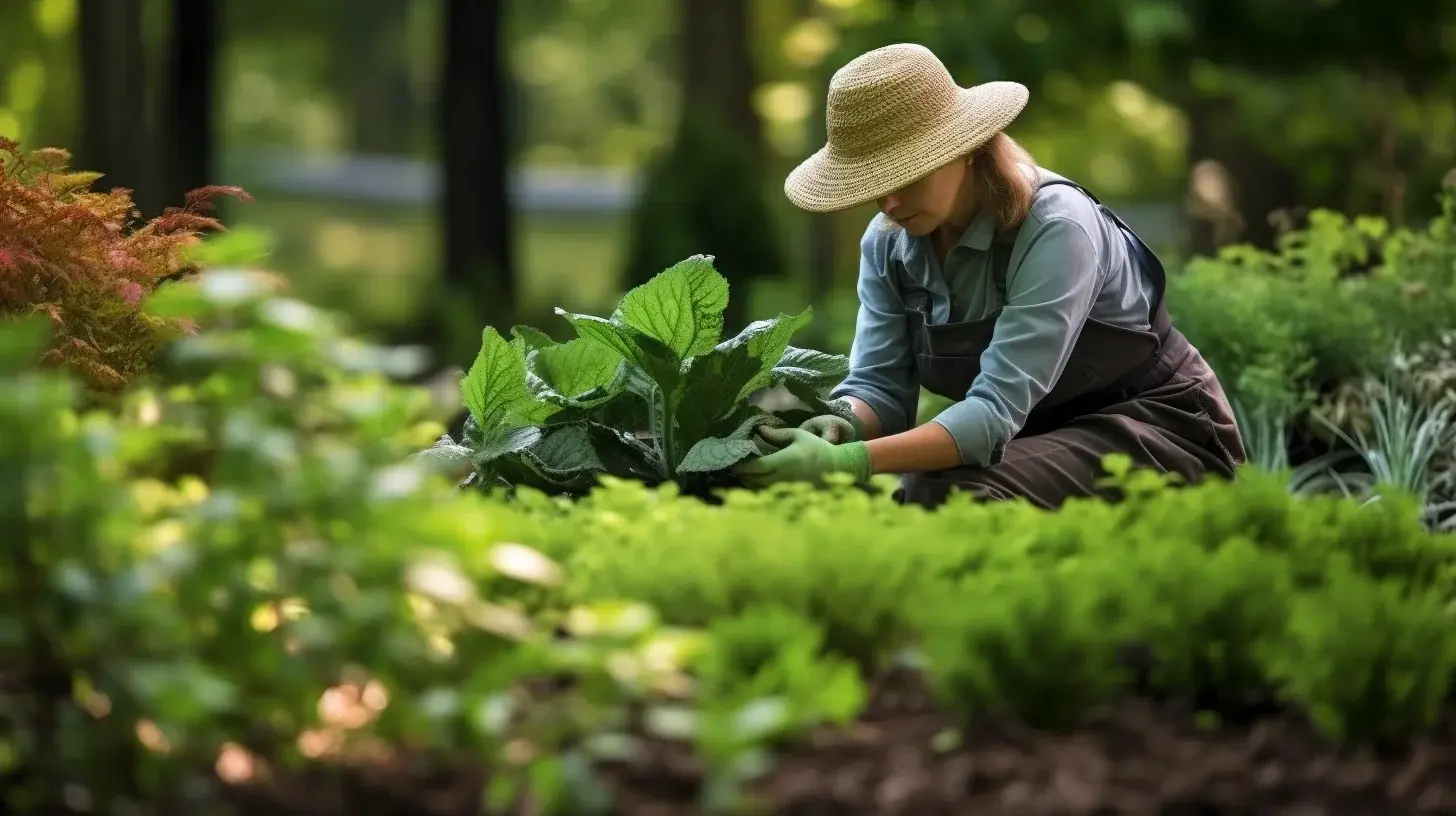 A woman wearing a hat and gloves is tending to plants in a lush garden. The scene is vibrant with various green plants and foliage surrounding her.