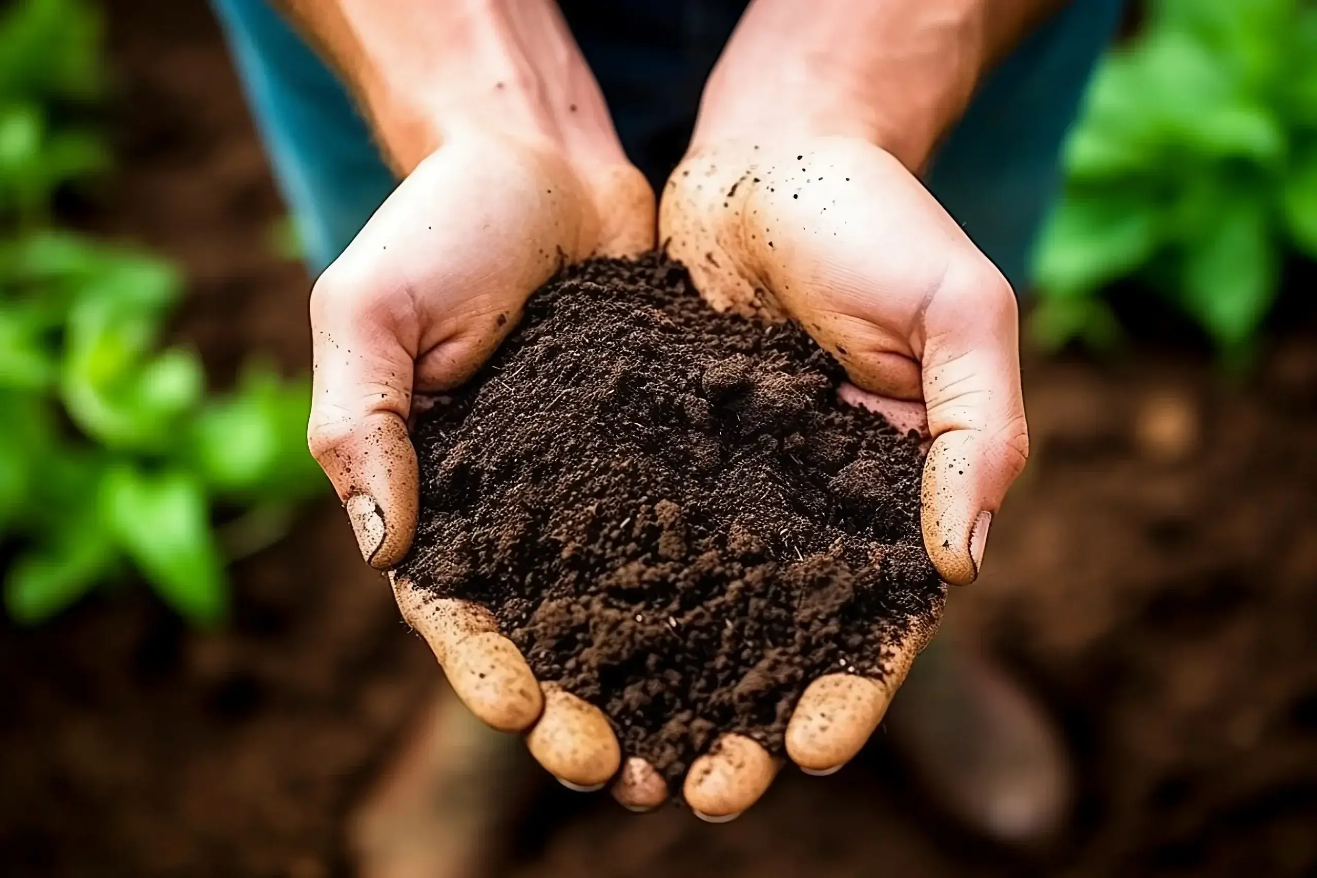 Dark, nutrient-rich living soil held in hands