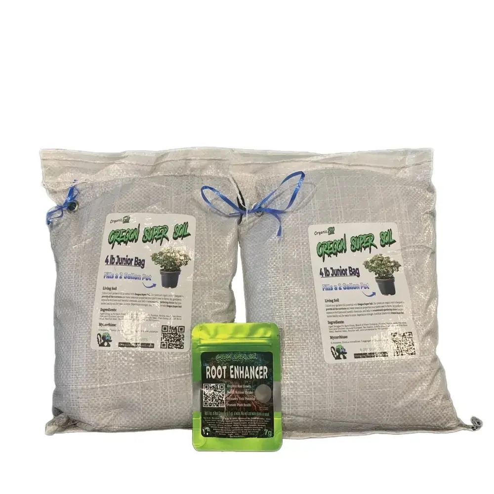 The image shows two large bags labeled 'Groton Super Soil 4.0 cu Junior Bag' and a smaller green box labeled 'Root Enhancer'. The bags are tied with blue ribbons and have images of plants on them.